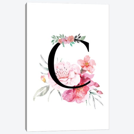 'C' Initial Monogram With Watercolor Flowers Canvas Print #DHV217} by Page Turner Art Print