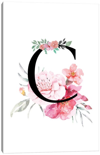 'C' Initial Monogram With Watercolor Flowers Canvas Art Print - Page Turner