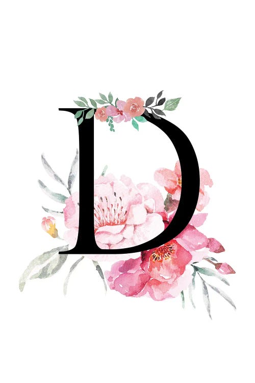 'D' Initial Monogram With Watercolor Flowers