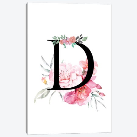 'D' Initial Monogram With Watercolor Flowers Canvas Print #DHV218} by Page Turner Canvas Wall Art