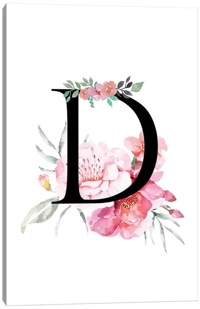 'D' Initial Monogram With Watercolor Flowers Canvas Art Print - Page Turner