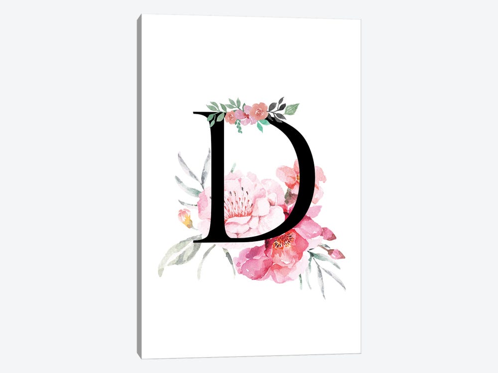 'D' Initial Monogram With Watercolor Flowers by Page Turner 1-piece Canvas Print
