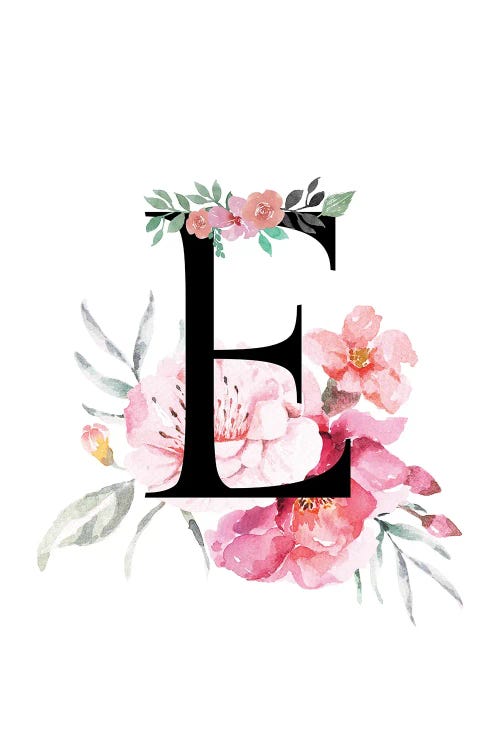 'E' Initial Monogram With Watercolor Flowers by Page Turner wall art