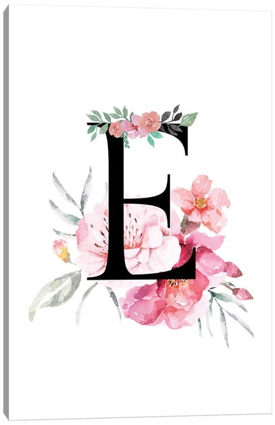 'E' Initial Monogram With Watercolor Flowers Canvas Art Print - Design Harvest