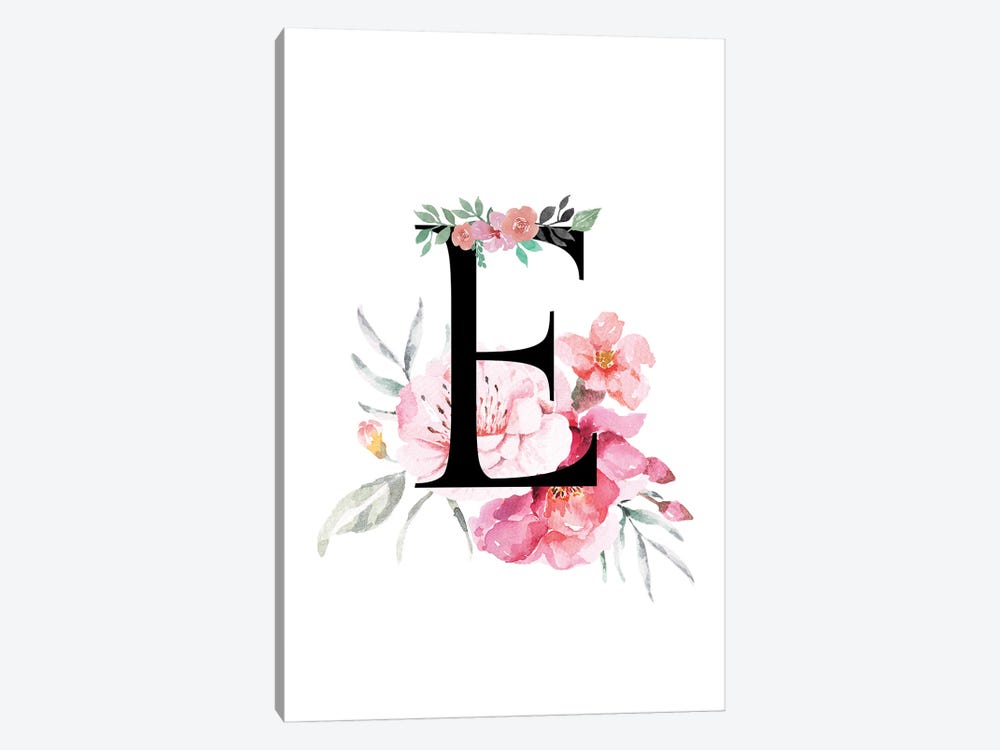 'E' Initial Monogram With Watercolor Flowers by Page Turner 1-piece Canvas Artwork