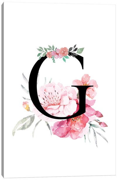 'G' Initial Monogram With Watercolor Flowers Canvas Art Print - Design Harvest