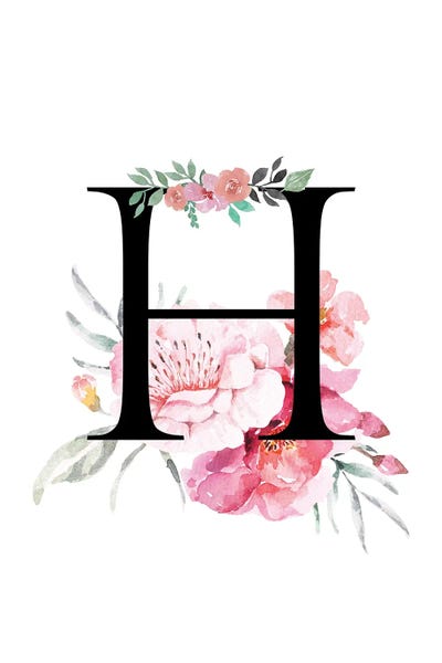 'H' Initial Monogram With Watercolor Flowers by Page Turner canvas print