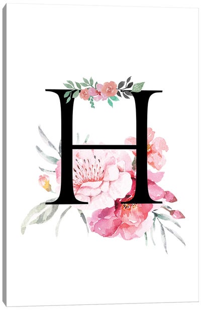 'H' Initial Monogram With Watercolor Flowers Canvas Art Print - Letter H