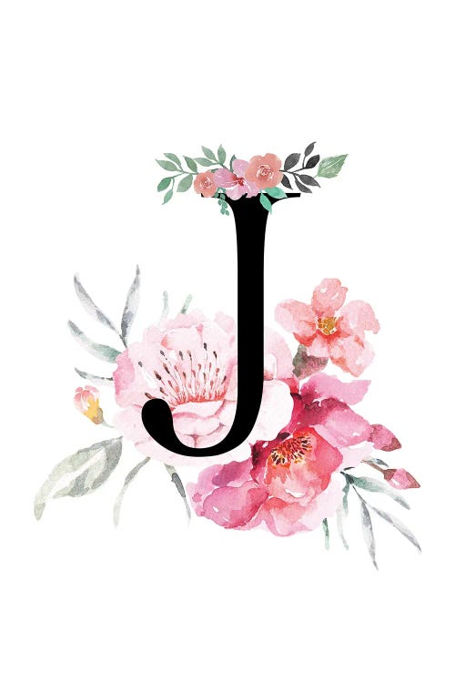 'J' Initial Monogram With Watercolor Flowers