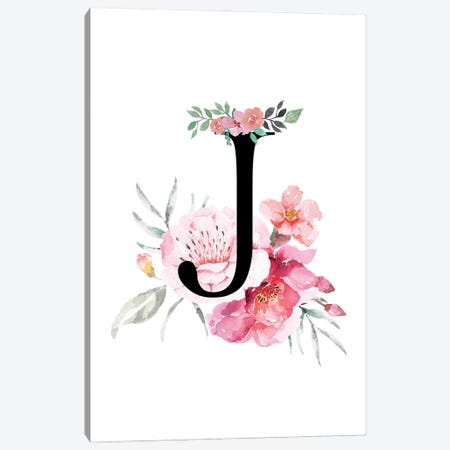 'J' Initial Monogram With Watercolor Flowers Canvas Print #DHV224} by Page Turner Canvas Artwork