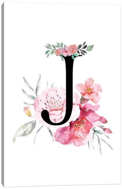 'J' Initial Monogram With Watercolor Flowers Canvas Art Print - Letter J