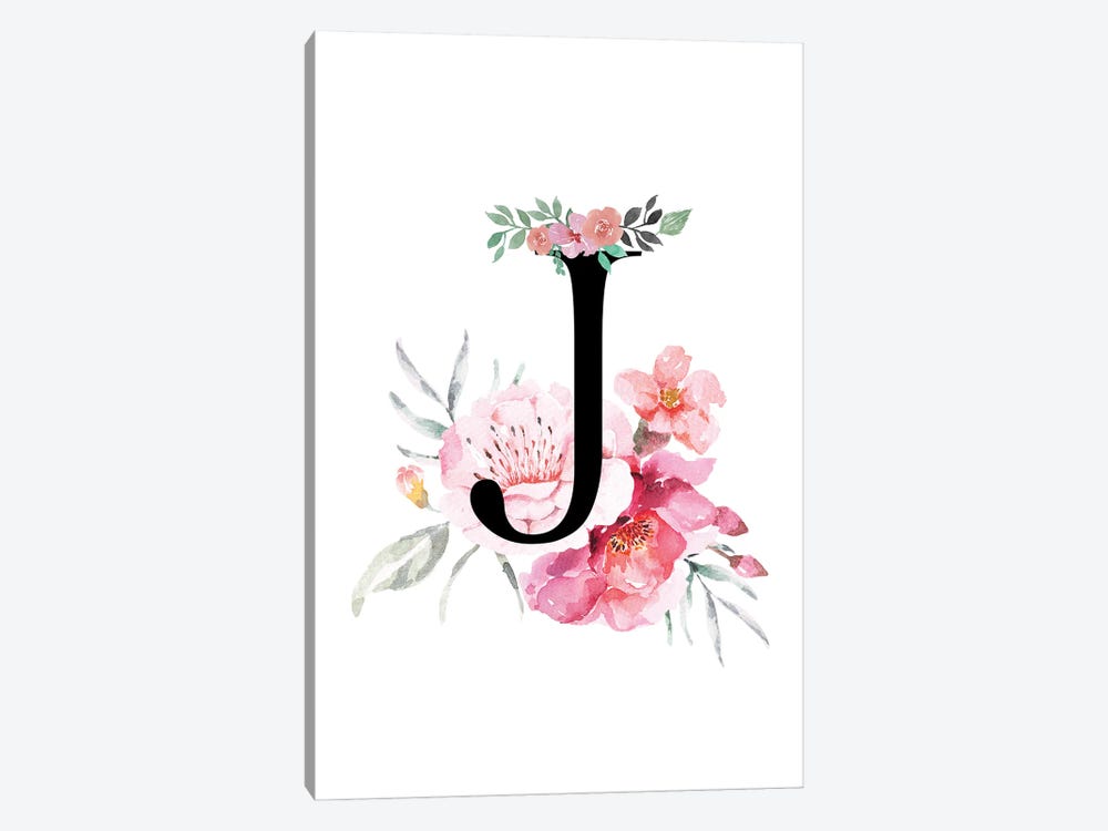 'J' Initial Monogram With Watercolor Flowers by Page Turner 1-piece Canvas Art