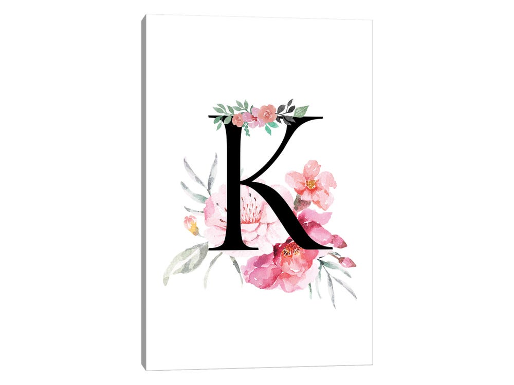 K' Initial Monogram With Watercolor Flower - Canvas Art