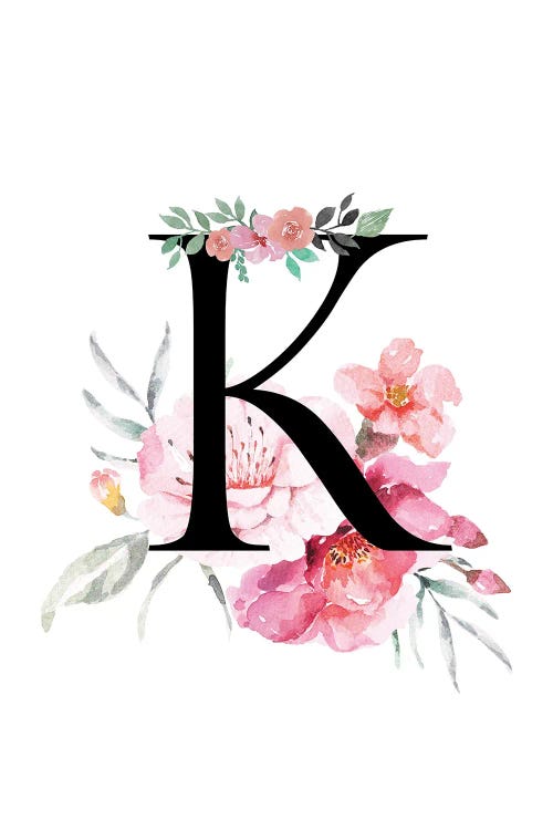 'K' Initial Monogram With Watercolor Flowers by Page Turner wall art