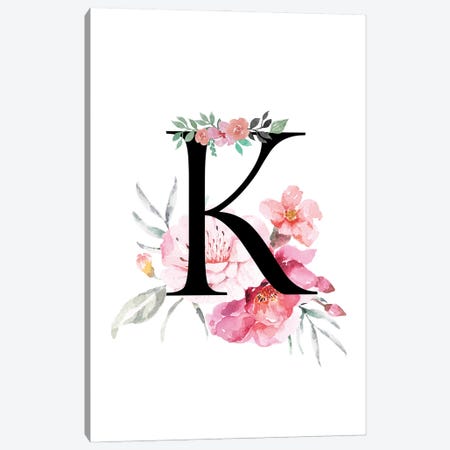 'K' Initial Monogram With Watercolor Flowers Canvas Print #DHV225} by Design Harvest Canvas Wall Art