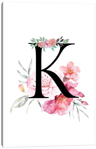 'K' Initial Monogram With Watercolor Flowers Canvas Art Print - Design Harvest