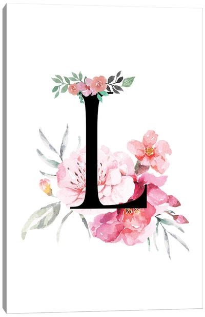 'L' Initial Monogram With Watercolor Flowers Canvas Art Print - Page Turner