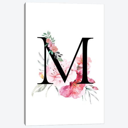 'M' Initial Monogram With Watercolor Flowers Canvas Print #DHV227} by Page Turner Canvas Artwork