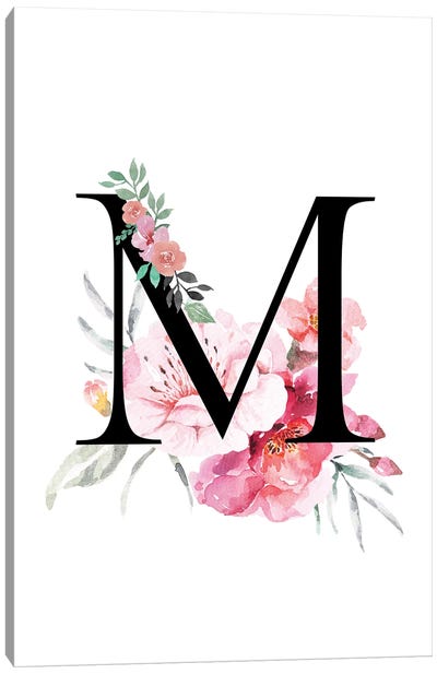 'M' Initial Monogram With Watercolor Flowers Canvas Art Print - Design Harvest