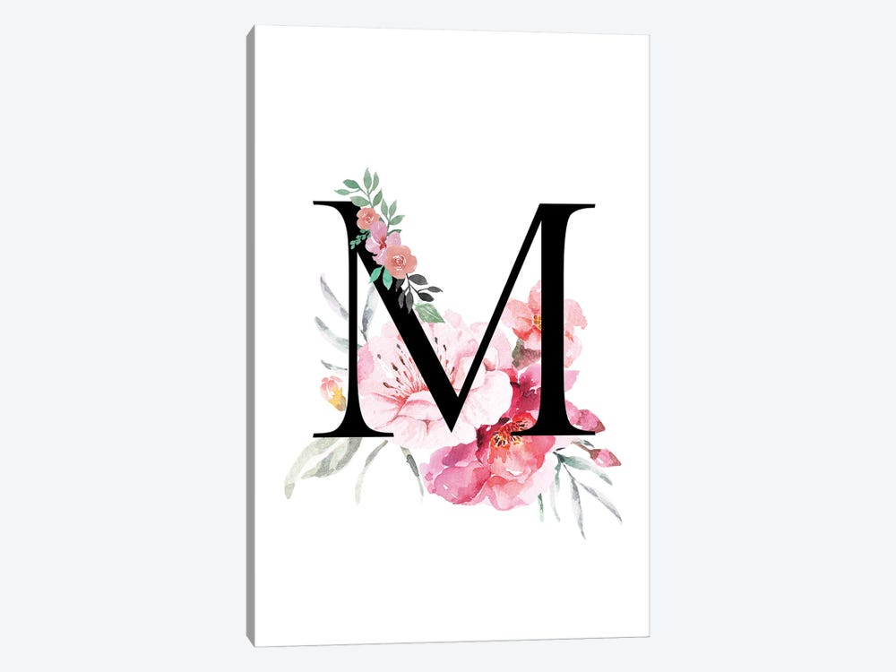 'M' Initial Monogram With Watercolor Flowers by Page Turner 1-piece Canvas Print