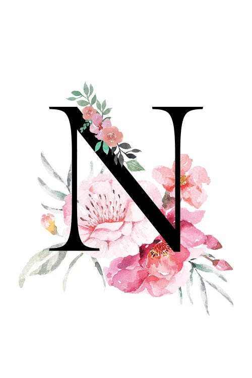 'N' Initial Monogram With Watercolor Flowers