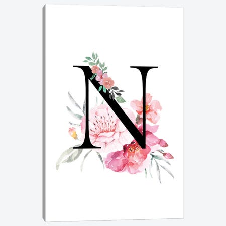 'N' Initial Monogram With Watercolor Flowers Canvas Print #DHV228} by Page Turner Art Print