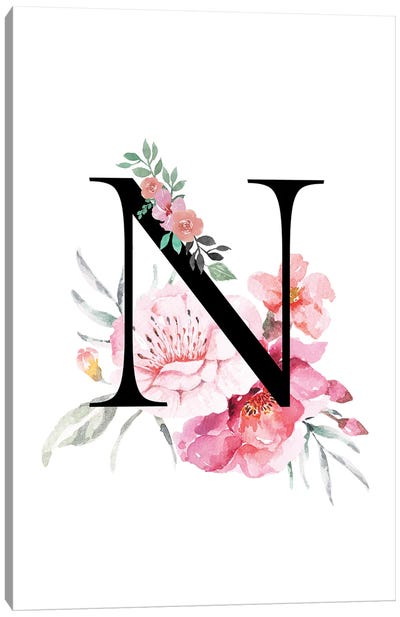 'N' Initial Monogram With Watercolor Flowers Canvas Art Print - Page Turner
