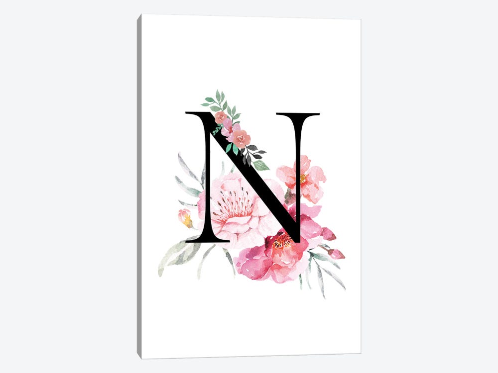 'N' Initial Monogram With Watercolor Flowers by Page Turner 1-piece Canvas Art