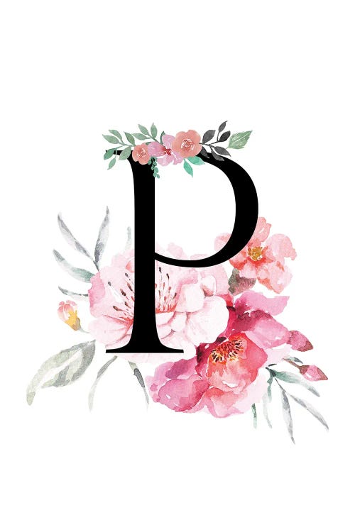 'P' Initial Monogram With Watercolor Flowers