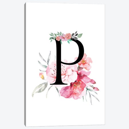 'P' Initial Monogram With Watercolor Flowers Canvas Print #DHV230} by Page Turner Canvas Art