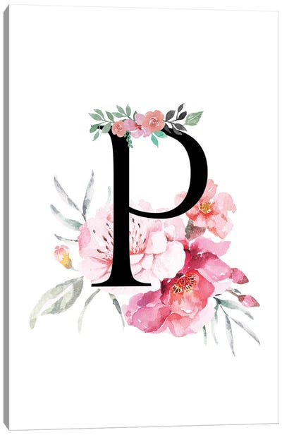 'P' Initial Monogram With Watercolor Flowers Canvas Art Print - Letter P