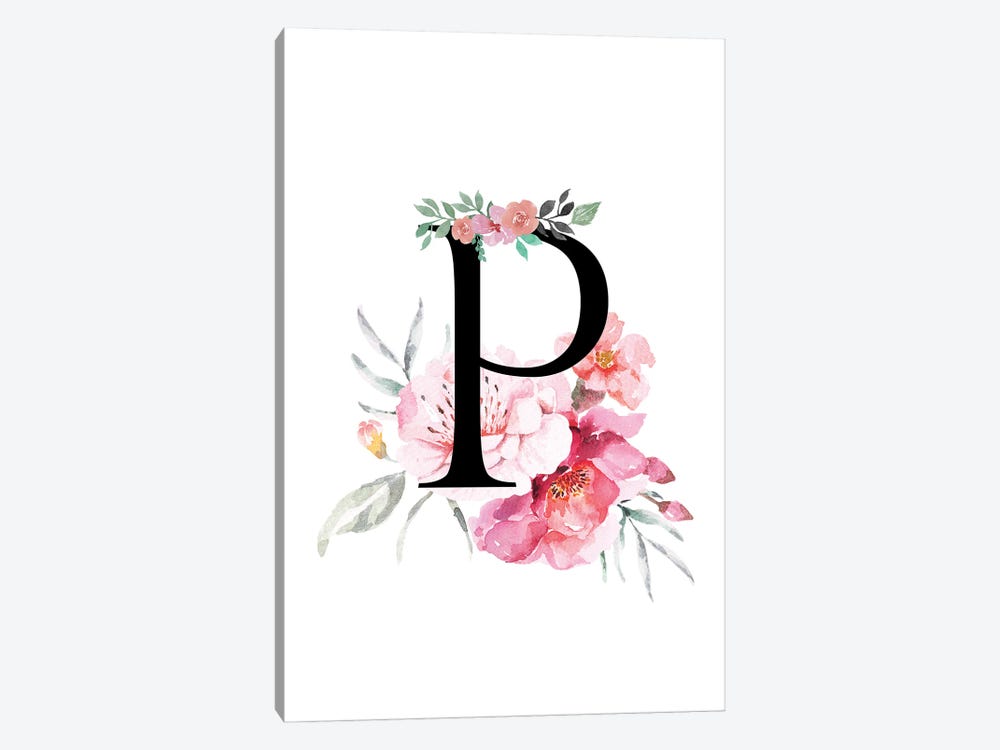 'P' Initial Monogram With Watercolor Flowers by Page Turner 1-piece Canvas Art Print