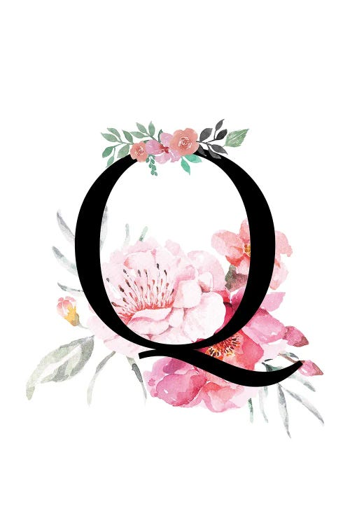 'Q' Initial Monogram With Watercolor Flowers