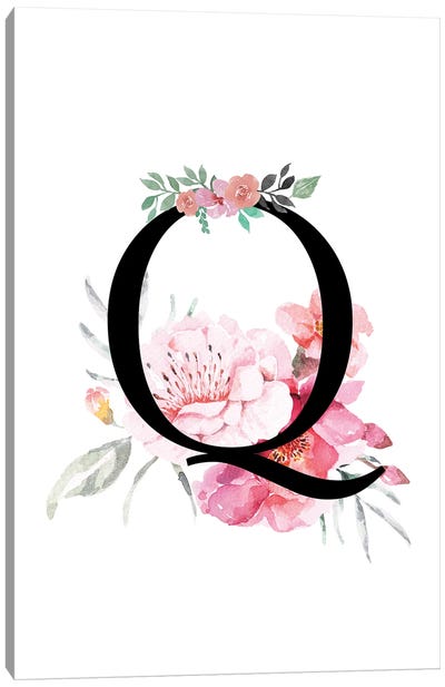'Q' Initial Monogram With Watercolor Flowers Canvas Art Print - Page Turner