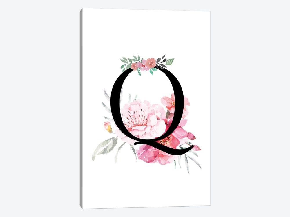 'Q' Initial Monogram With Watercolor Flowers by Page Turner 1-piece Canvas Artwork
