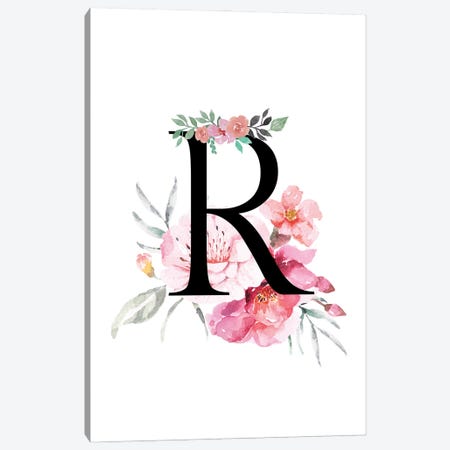 'R' Initial Monogram With Watercolor Flowers Canvas Print #DHV232} by Page Turner Canvas Wall Art