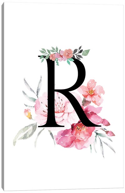 'R' Initial Monogram With Watercolor Flowers Canvas Art Print - Letter R