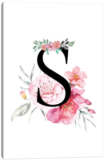 'S' Initial Monogram With Watercolor Flowers Canvas Art Print - Letter S