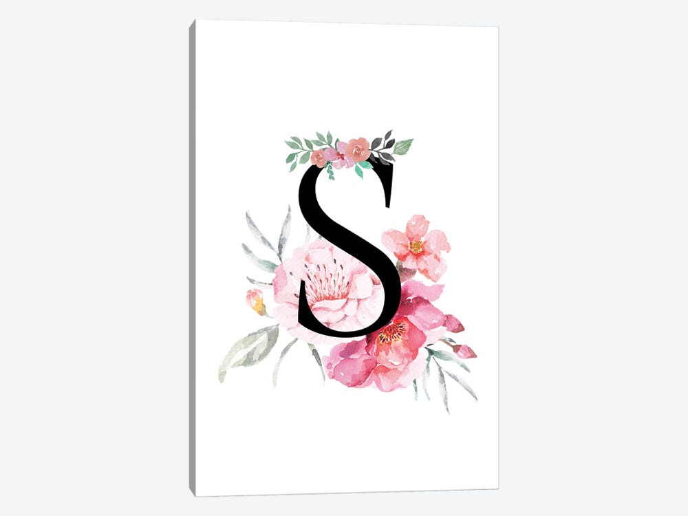 'S' Initial Monogram With Watercolor Flowers by Page Turner 1-piece Canvas Art