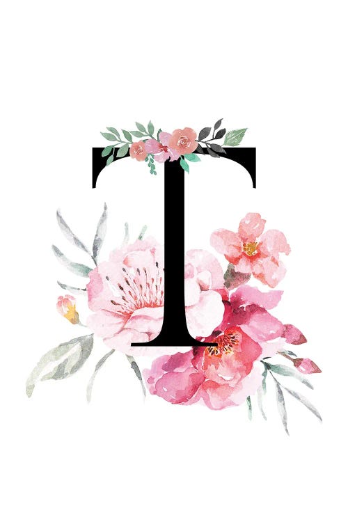 'T' Initial Monogram With Watercolor Flowers