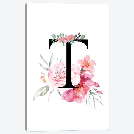'T' Initial Monogram With Watercolor Flowers Canvas Print #DHV234} by Page Turner Art Print