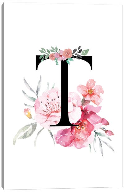 'T' Initial Monogram With Watercolor Flowers Canvas Art Print - Letter T
