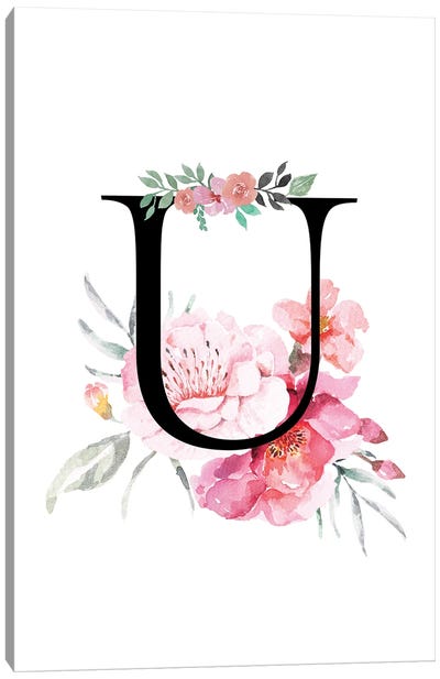 'U' Initial Monogram With Watercolor Flowers Canvas Art Print - Page Turner