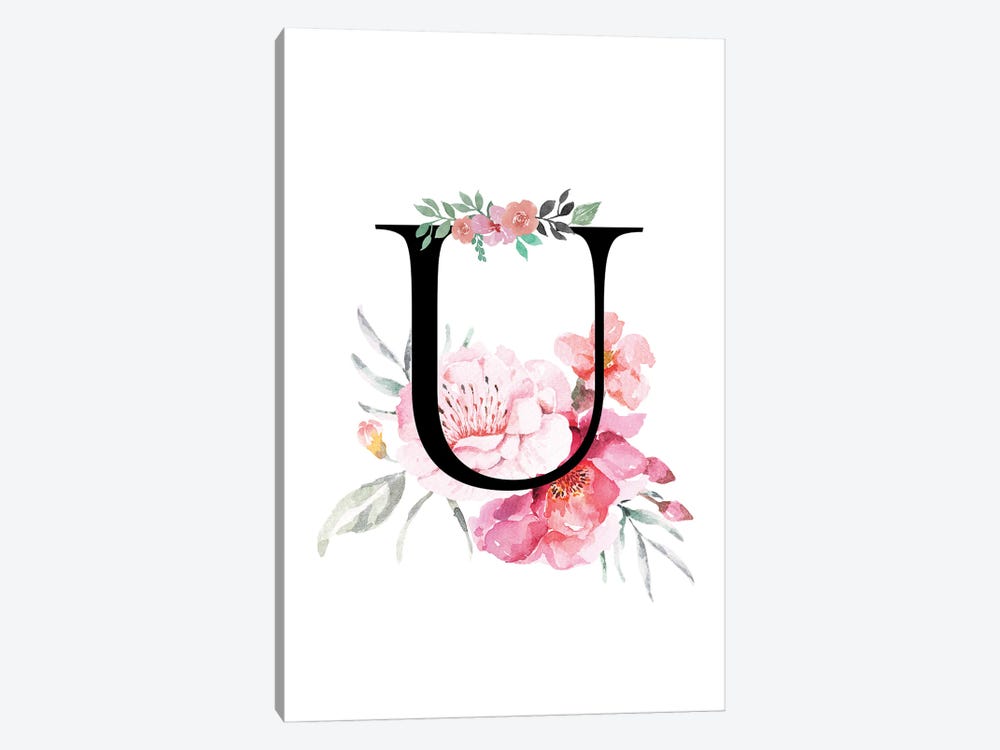 'U' Initial Monogram With Watercolor Flowers by Page Turner 1-piece Canvas Artwork