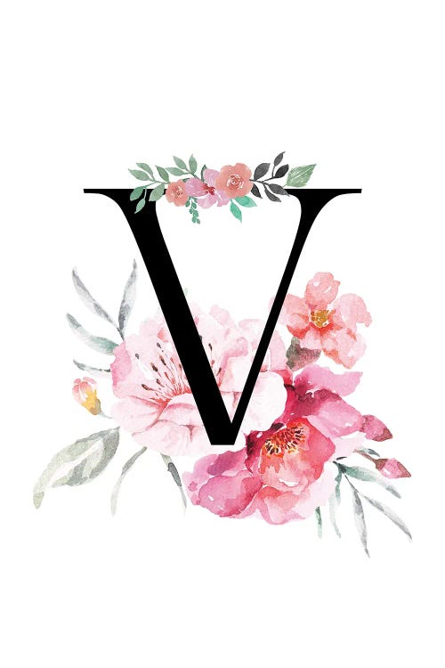 'V' Initial Monogram With Watercolor Flowers
