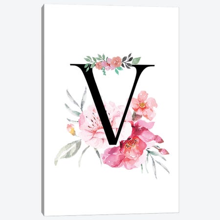 'V' Initial Monogram With Watercolor Flowers Canvas Print #DHV236} by Page Turner Canvas Art Print
