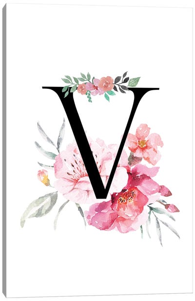 'V' Initial Monogram With Watercolor Flowers Canvas Art Print - Alphabet Art