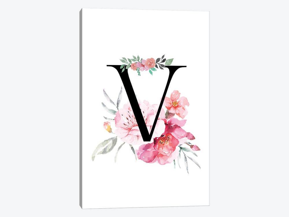 'V' Initial Monogram With Watercolor Flowers by Page Turner 1-piece Canvas Art Print