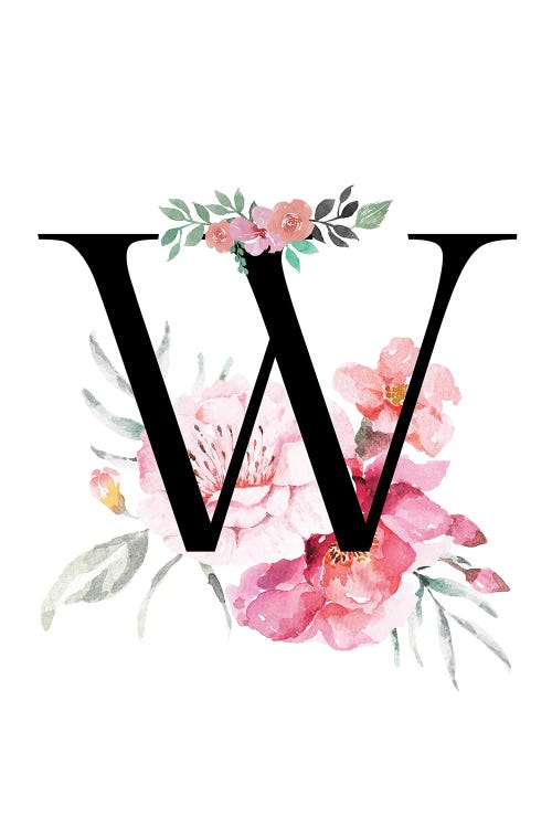 'W' Initial Monogram With Watercolor Flowers