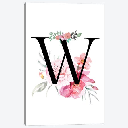 'W' Initial Monogram With Watercolor Flowers Canvas Print #DHV237} by Design Harvest Canvas Print